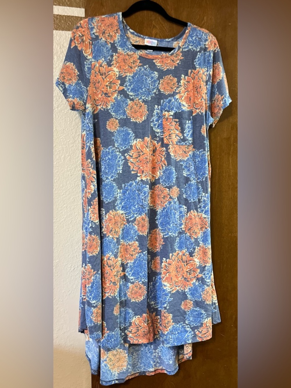 LuLaRoe Carly Blue and Coral Floral Crewneck Dress